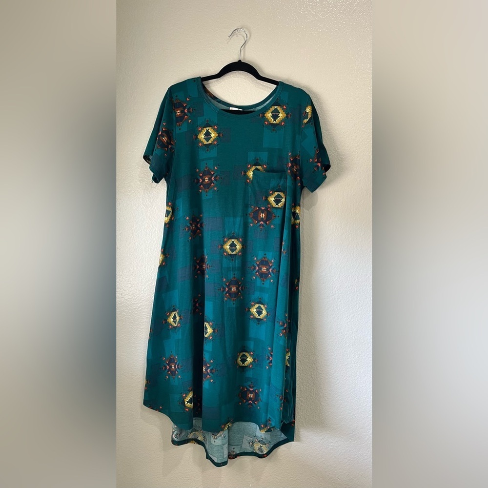 LuLaRoe Women’s Teal Yellow Patterned Midi T Shirt Dress Short Sleeve Sz L